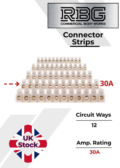12 Way Connector Strips,  Terminal Blocks, Tidy Connection 3, 5, 15, 30, 60 Amps
