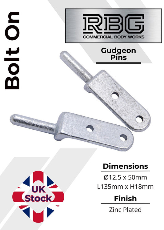 2x Bolt-On Gudgeon Hinge Pins, Zinc Plated. For Tailboards, Tipper Dropsides.