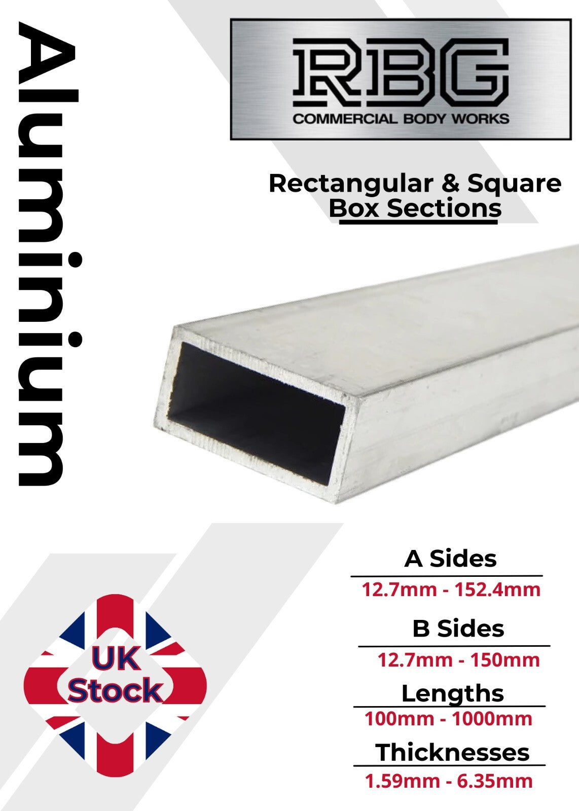 ALUMINIUM RECTANGULAR & SQUARE BOX SECTION VARIOUS SIZES In METRIC & INCH UK