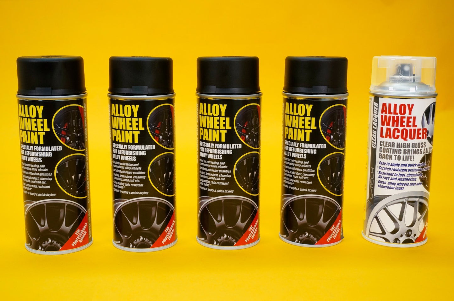 4x Alloy Wheel Paint MOTORSPORT BLACK + 1x Clear Lacquer Spray Refurbishment Kit