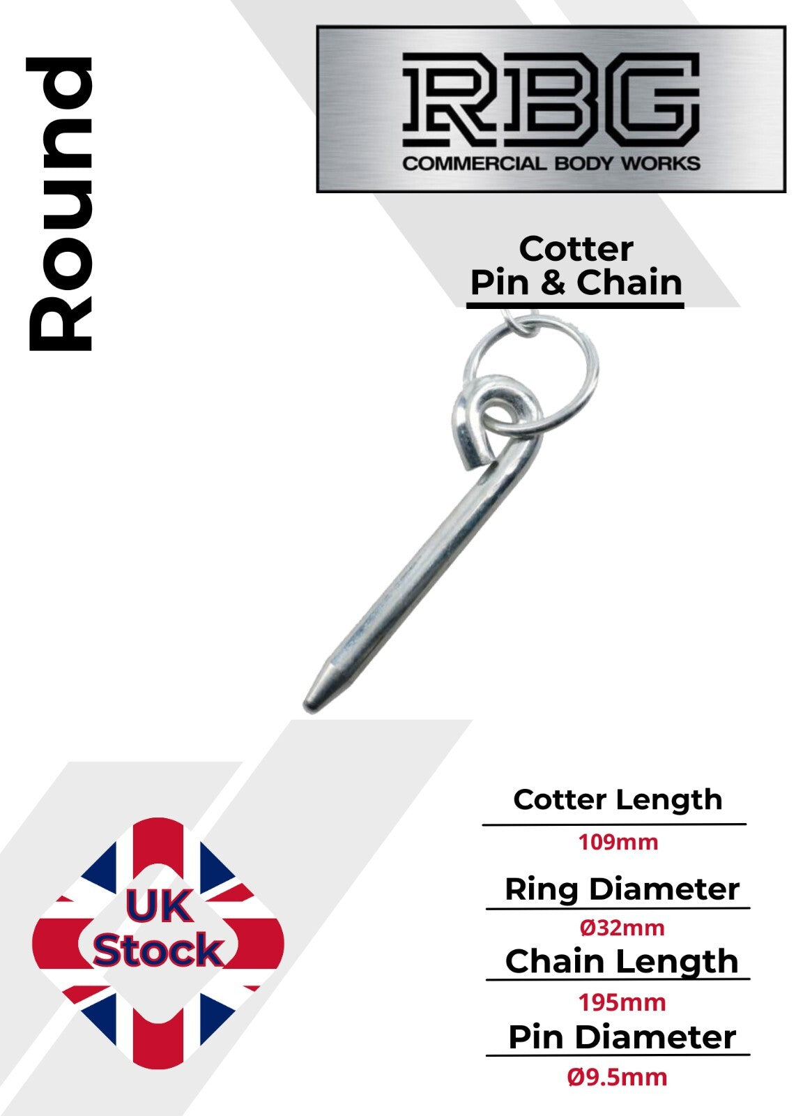 Round Cotter Pin & Chain 109 x 9.5mm Trailers Tail Gate Horseboxes Tipper...