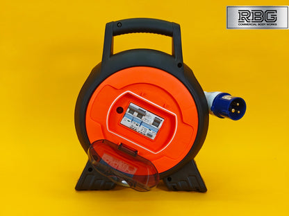 15m Roller Mobile Mains Power Unit 3 Way with LED Light Twin USB RCD Protected