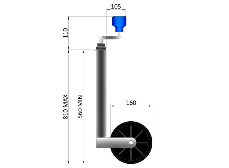 34mm Jockey Wheel + Clamp For Trailer / Caravan 75Kg Standard Duty 560mm-810mm