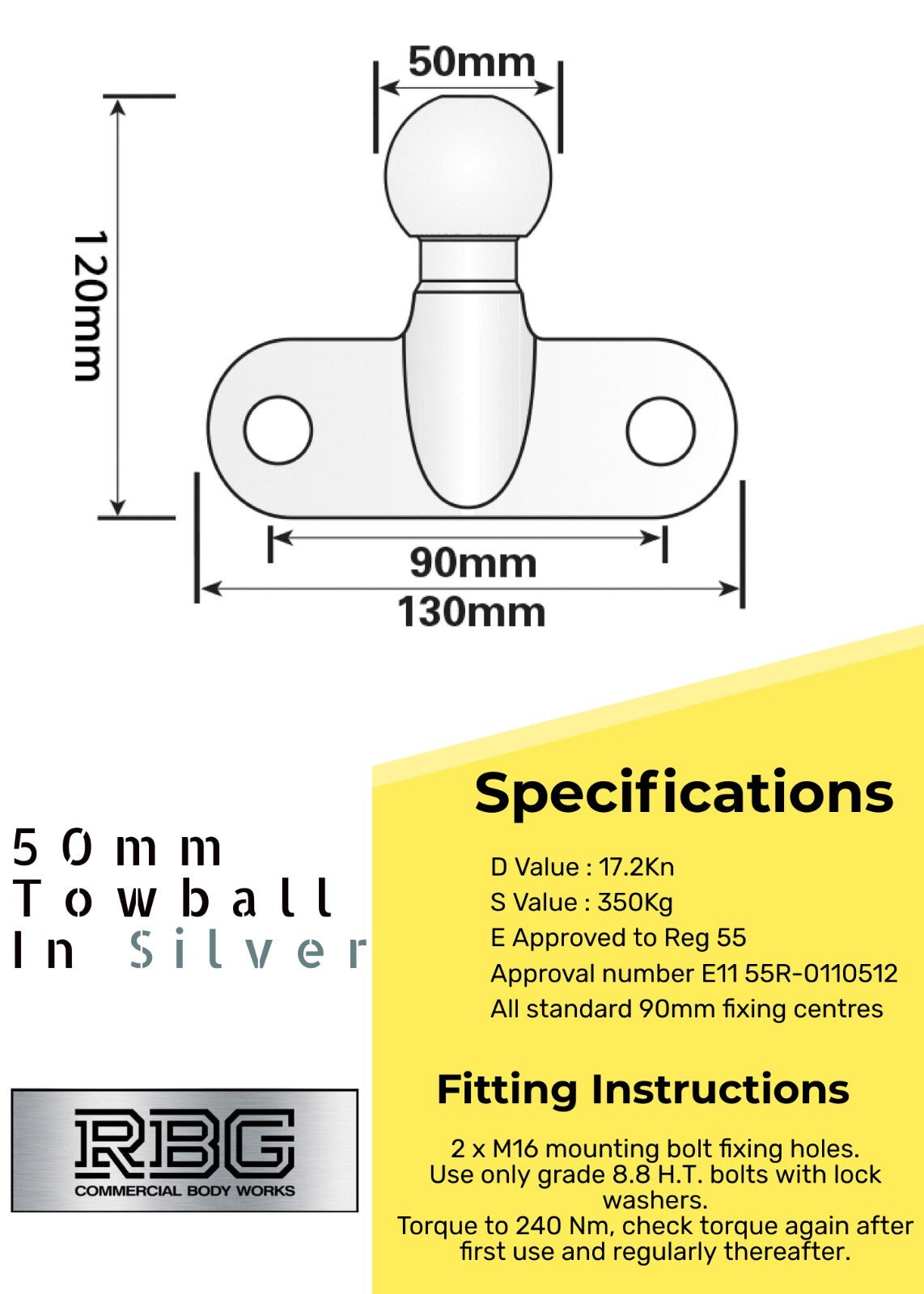 50mm Tow Ball Heavy Duty Standard Tow Hitch E approved 3.5t Gold/Black/Silver