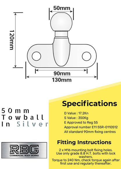 50mm Tow Ball Heavy Duty Standard Tow Hitch E approved 3.5t Gold/Black/Silver