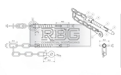 2x Tailboard Forket, Lug & SPRING LOADED Sword Pin & Chain Truck Trailer Drop