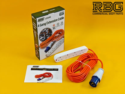 Camping 4 Way Extension Lead 10m Orange Cable 4 Gang 13A Power Sockets Caravan