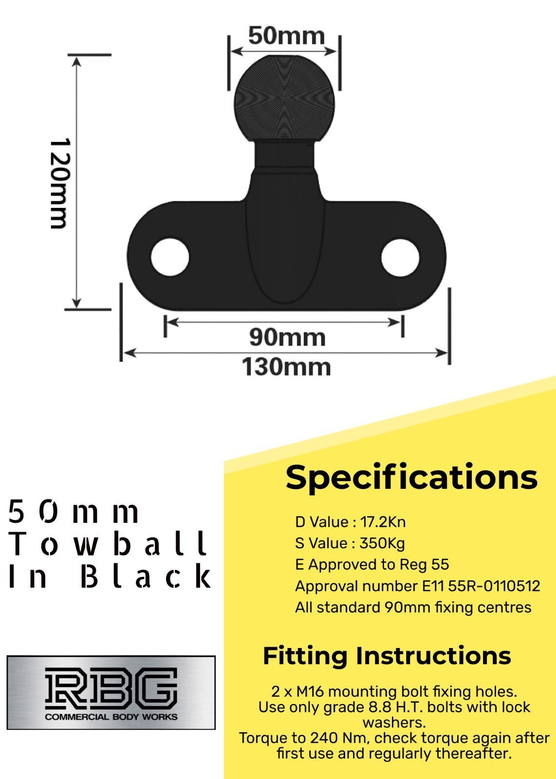 50mm Tow Ball Heavy Duty Standard Tow Hitch E approved 3.5t Gold/Black/Silver