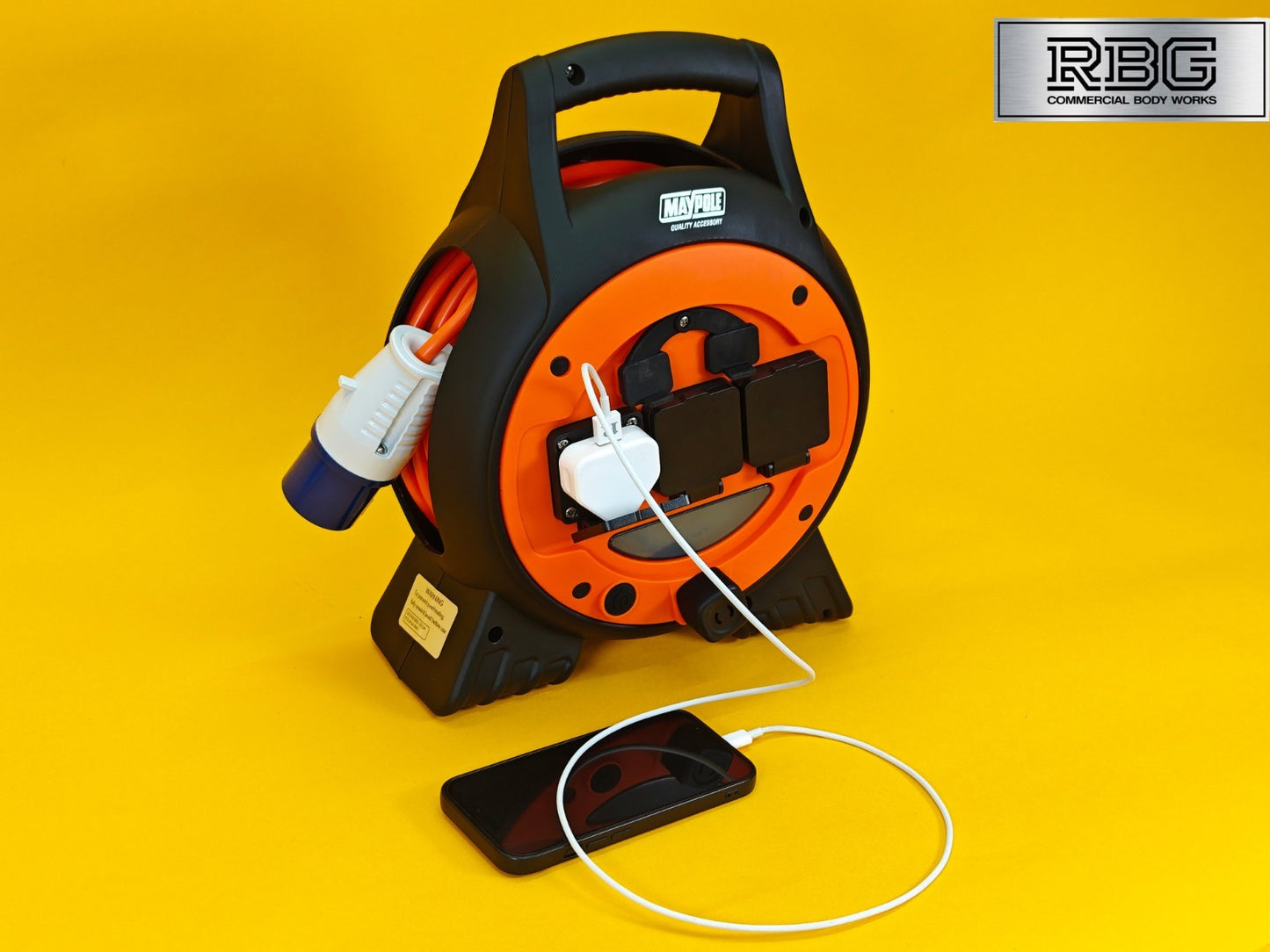 15m Roller Mobile Mains Power Unit 3 Way with LED Light Twin USB RCD Protected
