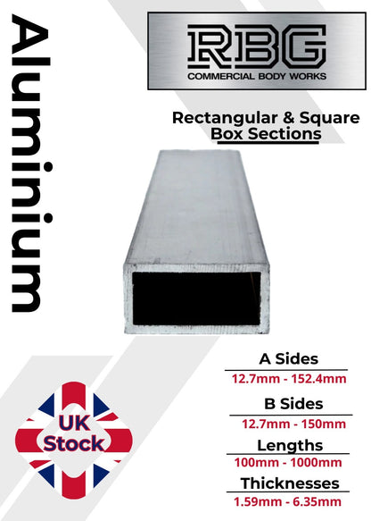 ALUMINIUM RECTANGULAR & SQUARE BOX SECTION VARIOUS SIZES In METRIC & INCH UK