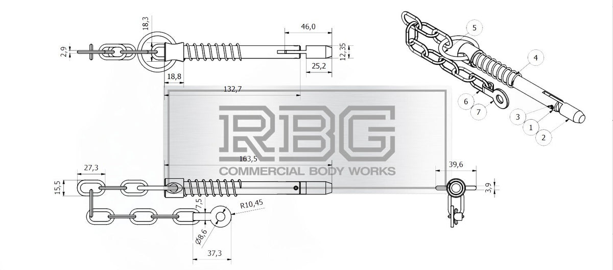 Sword Pin and Chain Spring Loaded, Retaining Cotter Pin 9.5mm; 12.5mm; 16mm.