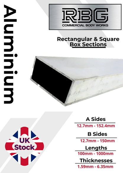 ALUMINIUM RECTANGULAR & SQUARE BOX SECTION VARIOUS SIZES In METRIC & INCH UK
