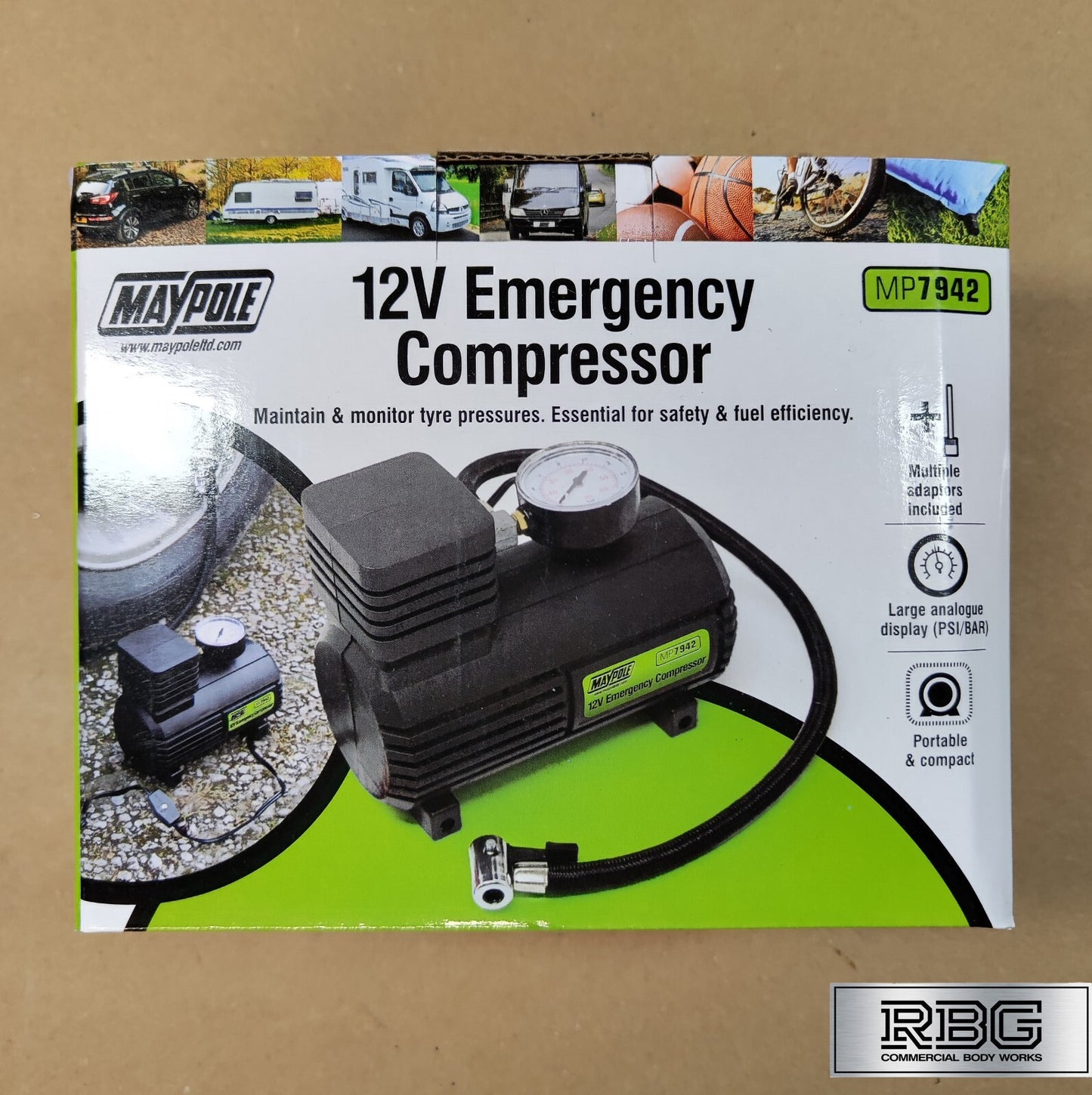 Car Tyre Air Compressor Emergency Pump Maypole Compact 3m Cord 12V Tyre Inflator