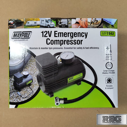 Car Tyre Air Compressor Emergency Pump Maypole Compact 3m Cord 12V Tyre Inflator