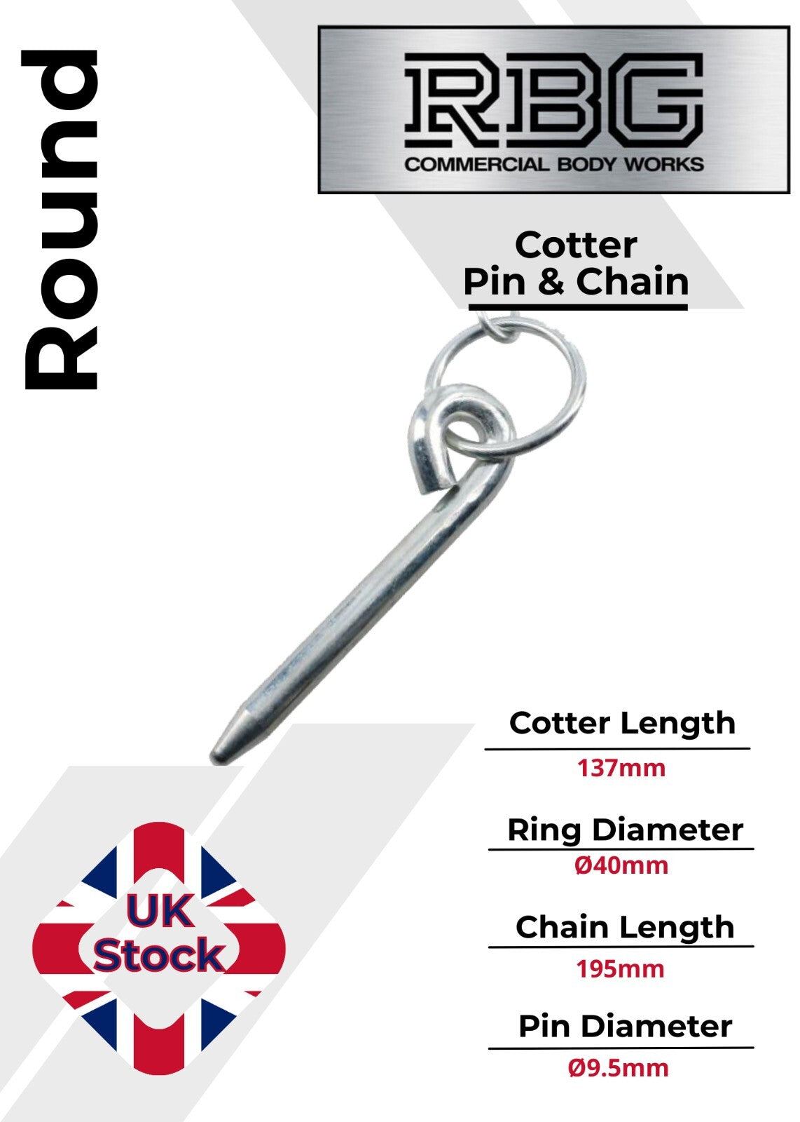 Round Cotter Pin & Chain 137 x 9.5mm Trailers Tail Gate Horseboxes Tipper...
