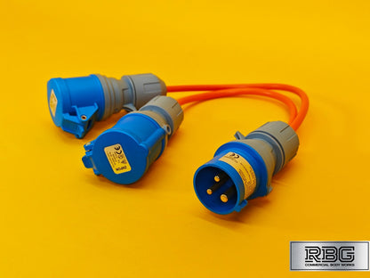 2 Way Splitter 16A 230V for Caravan 30cm Cable 2x Sockets 16Amp Hook Up Orange