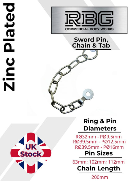 Sword Pin and Chain Spring Loaded, Retaining Cotter Pin 9.5mm; 12.5mm; 16mm.