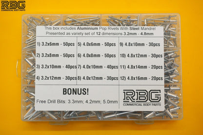 Blind Pop Rivets Assorted Aluminium Head Steel Shank 12Sizes + DORMER DRILL BITS