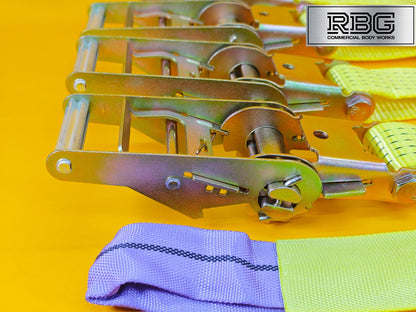 Recovery Ratchet Strap SET 4Pcs 5ton High-Visibility Yellow Tie Down Alloy Wheel