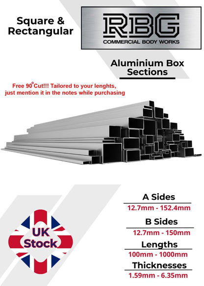 ALUMINIUM RECTANGULAR & SQUARE BOX SECTION VARIOUS SIZES In METRIC & INCH UK