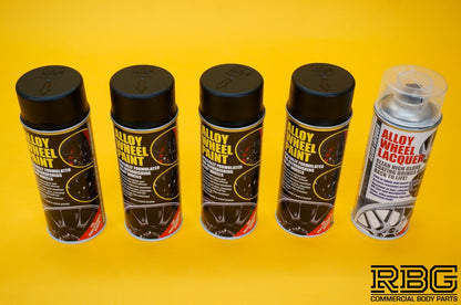 4x Alloy Wheel Paint MOTORSPORT BLACK + 1x Clear Lacquer Spray Refurbishment Kit