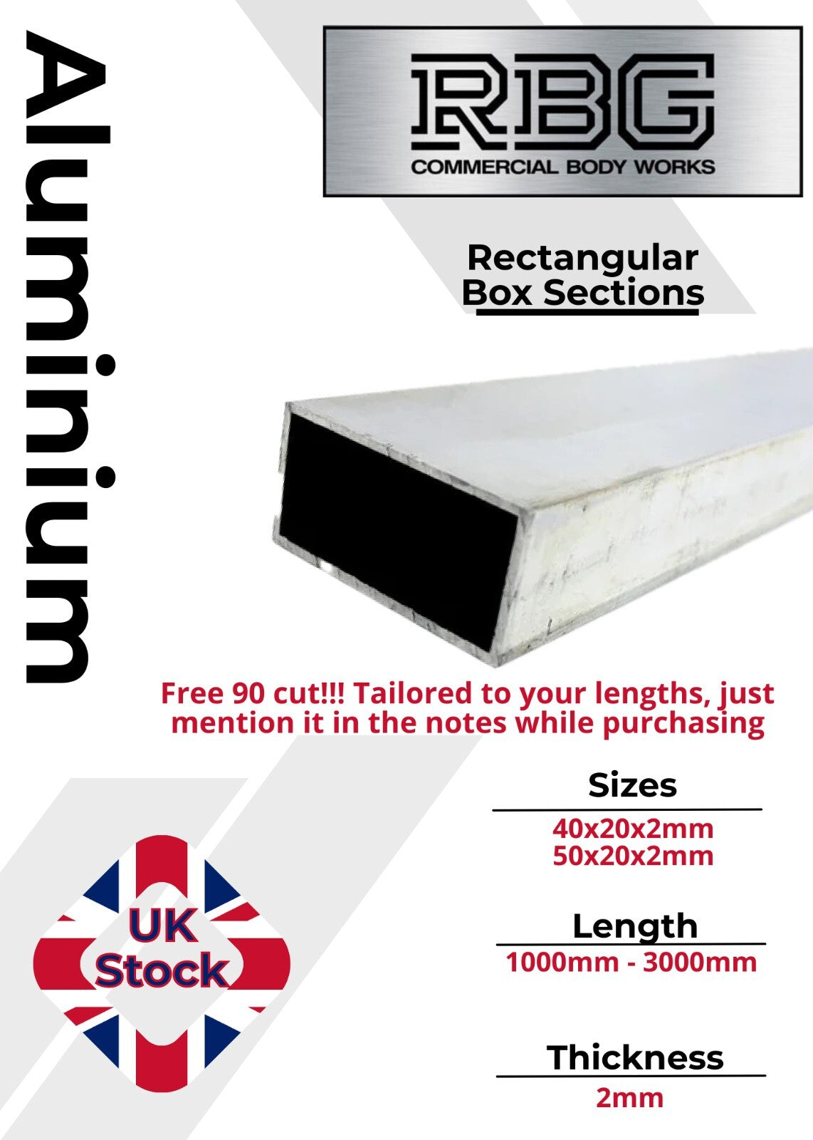 ALUMINIUM RECTANGULAR BOX SECTIONS Inch & Metric Various Sizes Free UK Delivery