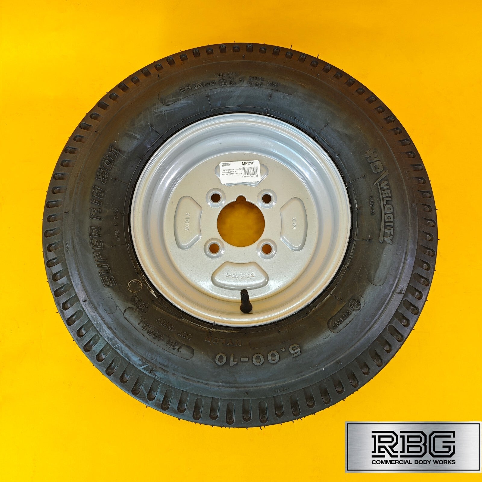 Wheel & Tyre 500x10 Inch for Trailers 4 Ply 4 Studs 4″ PCD Silver Diameter 10″