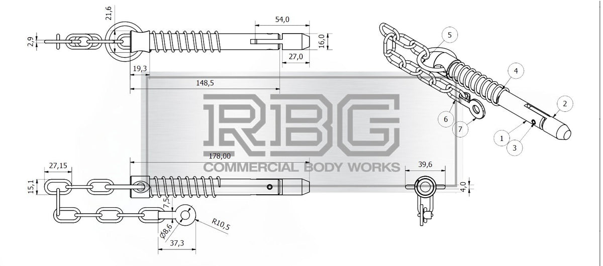 Sword Pin and Chain Spring Loaded, Retaining Cotter Pin 9.5mm; 12.5mm; 16mm.