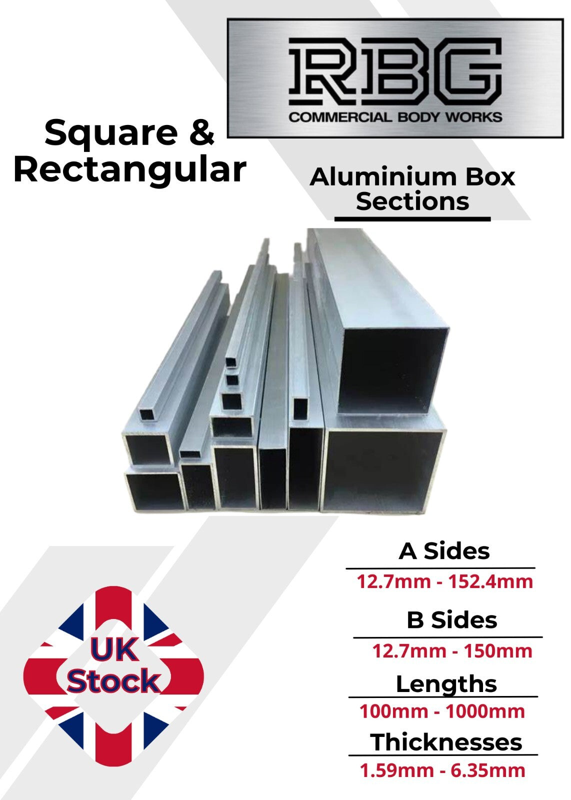 ALUMINIUM RECTANGULAR & SQUARE BOX SECTION VARIOUS SIZES In METRIC & INCH UK