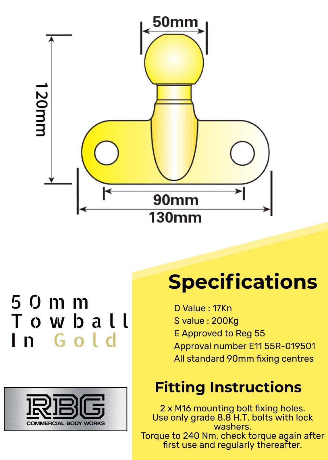 50mm Tow Ball Heavy Duty Standard Tow Hitch E approved 3.5t Gold/Black/Silver