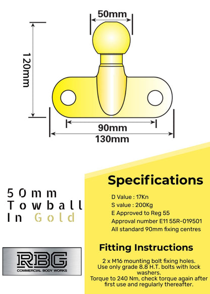 50mm Tow Ball Heavy Duty Standard Tow Hitch E approved 3.5t Gold/Black/Silver