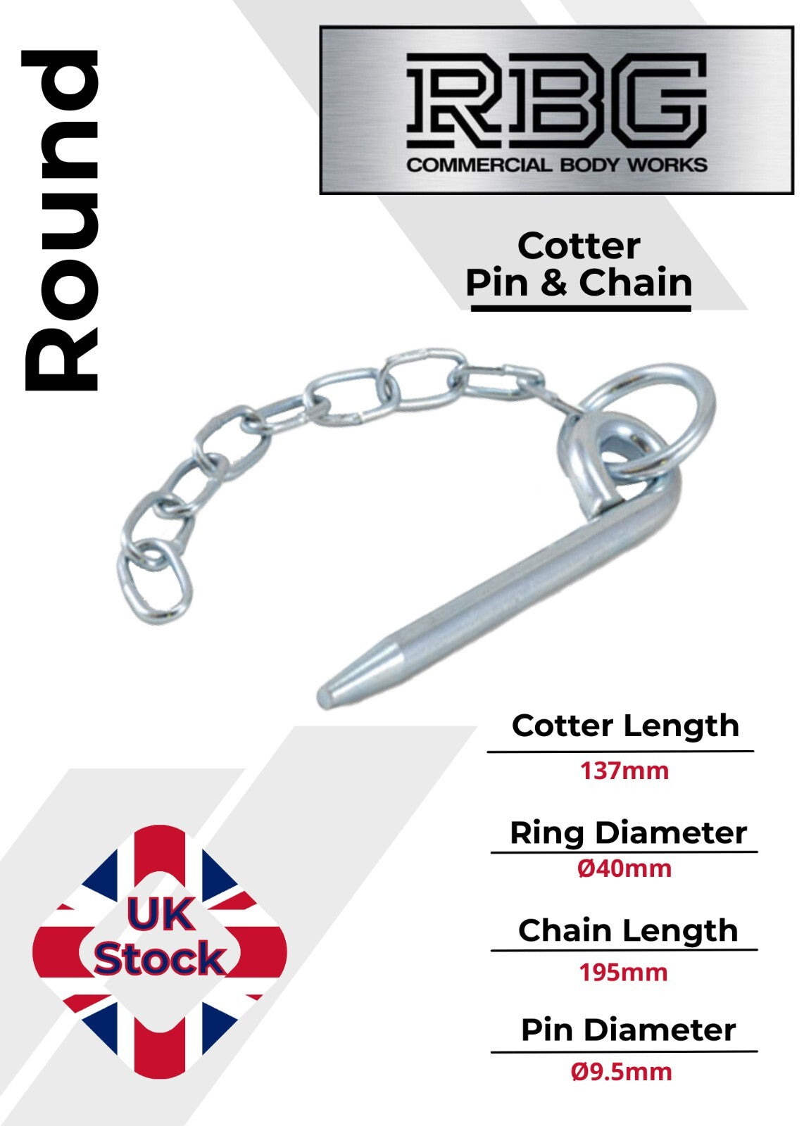 Round Cotter Pin & Chain 137 x 9.5mm Trailers Tail Gate Horseboxes Tipper...