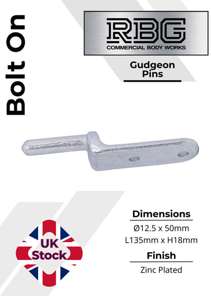 2x Bolt-On Gudgeon Hinge Pins, Zinc Plated. For Tailboards, Tipper Dropsides.