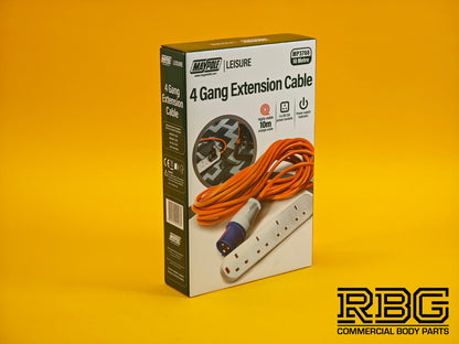 Camping 4 Way Extension Lead 10m Orange Cable 4 Gang 13A Power Sockets Caravan