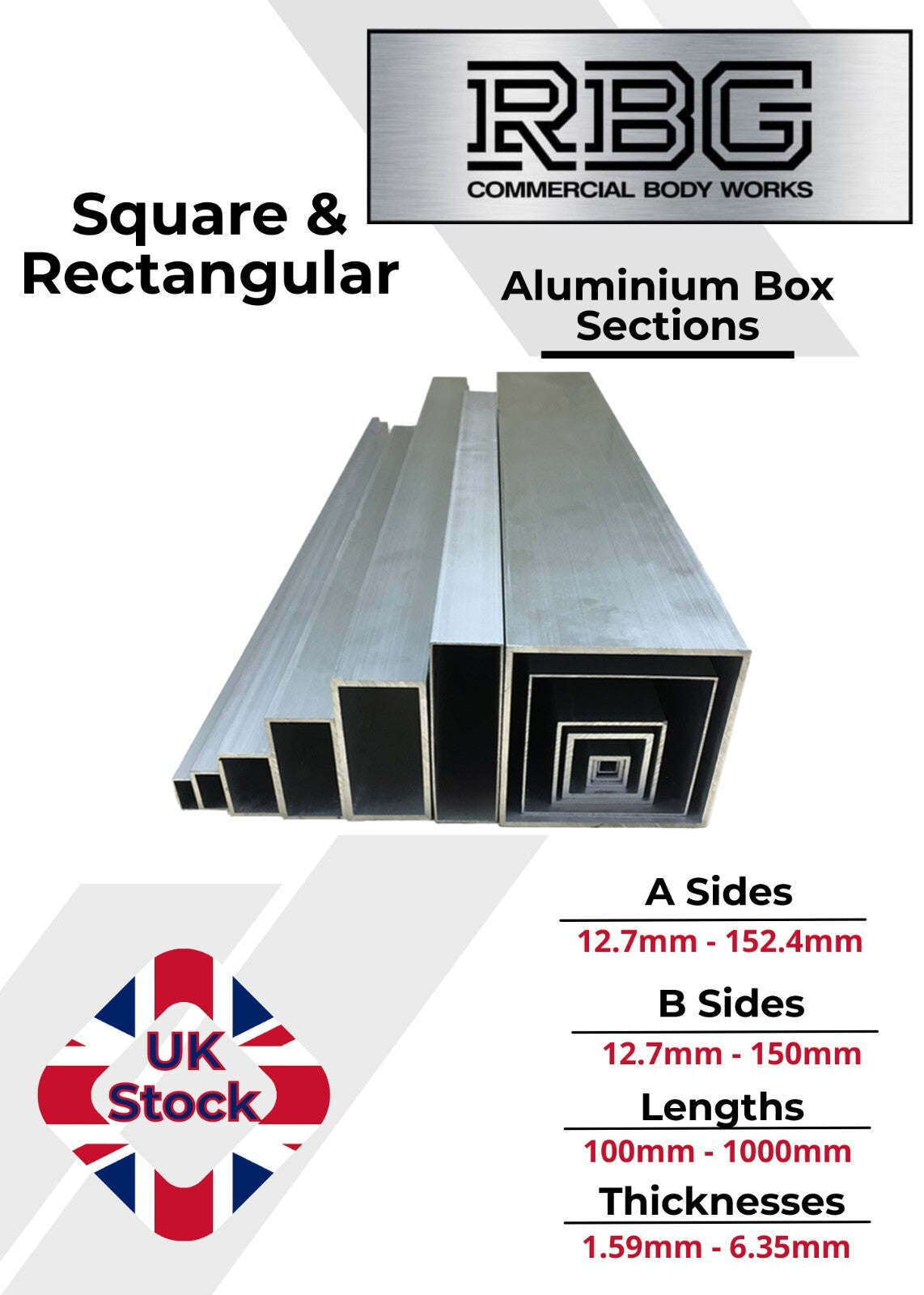 ALUMINIUM RECTANGULAR & SQUARE BOX SECTION VARIOUS SIZES In METRIC & INCH UK