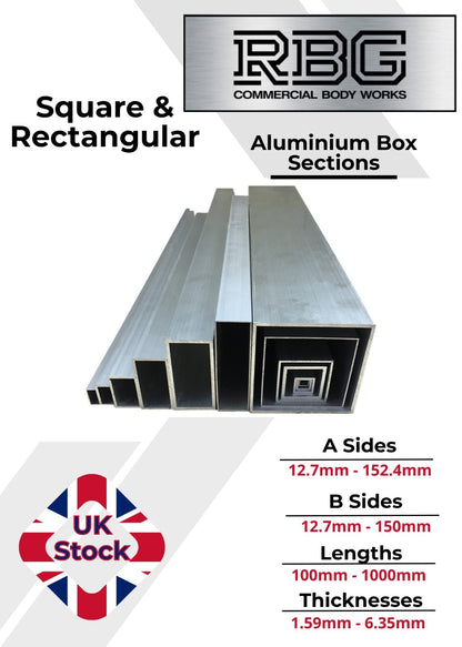 ALUMINIUM RECTANGULAR & SQUARE BOX SECTION VARIOUS SIZES In METRIC & INCH UK