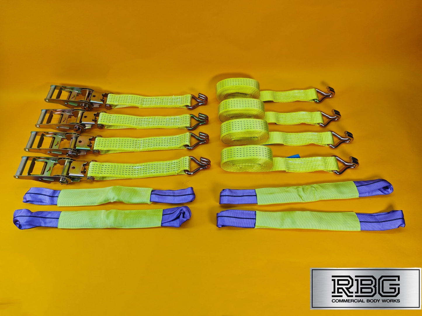 Recovery Ratchet Strap SET 4Pcs 5ton High-Visibility Yellow Tie Down Alloy Wheel