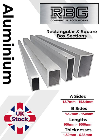 ALUMINIUM RECTANGULAR & SQUARE BOX SECTION VARIOUS SIZES In METRIC & INCH UK