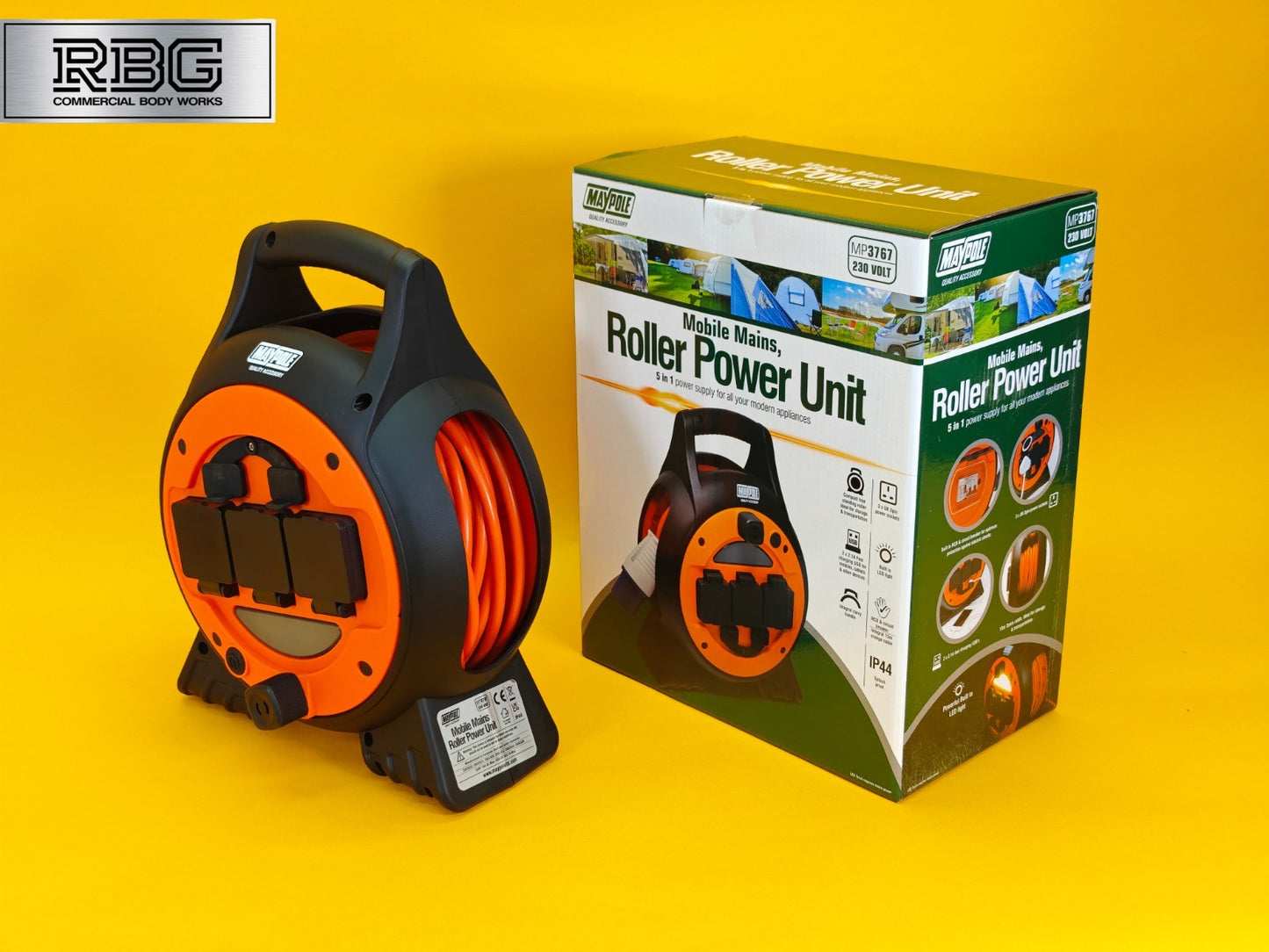 15m Roller Mobile Mains Power Unit 3 Way with LED Light Twin USB RCD Protected