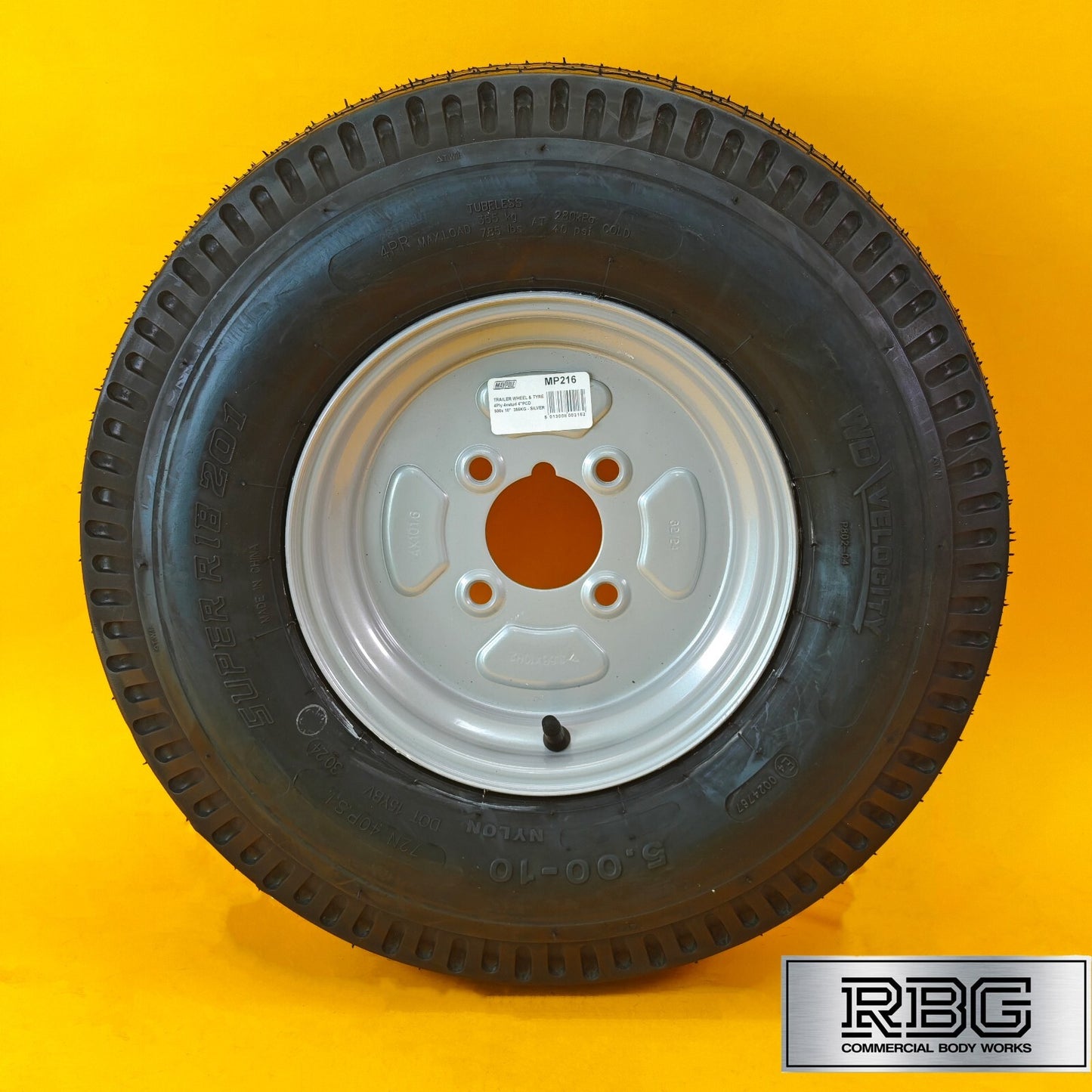 Wheel & Tyre 500x10 Inch for Trailers 4 Ply 4 Studs 4″ PCD Silver Diameter 10″