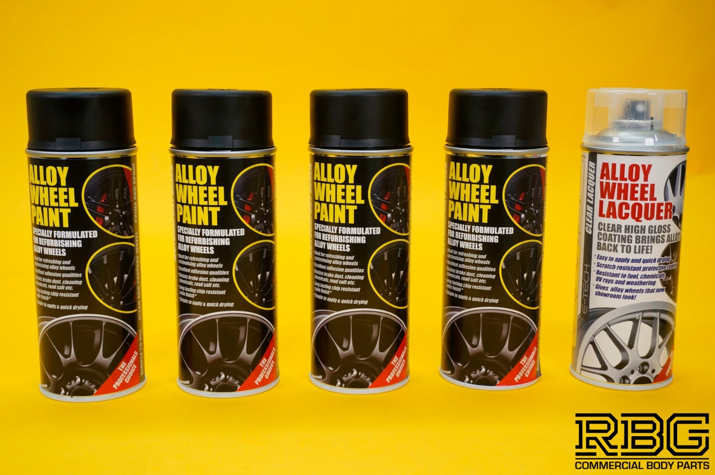 4x Alloy Wheel Paint MOTORSPORT BLACK + 1x Clear Lacquer Spray Refurbishment Kit