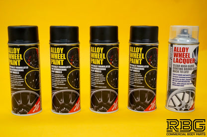 4x Alloy Wheel Paint MOTORSPORT BLACK + 1x Clear Lacquer Spray Refurbishment Kit