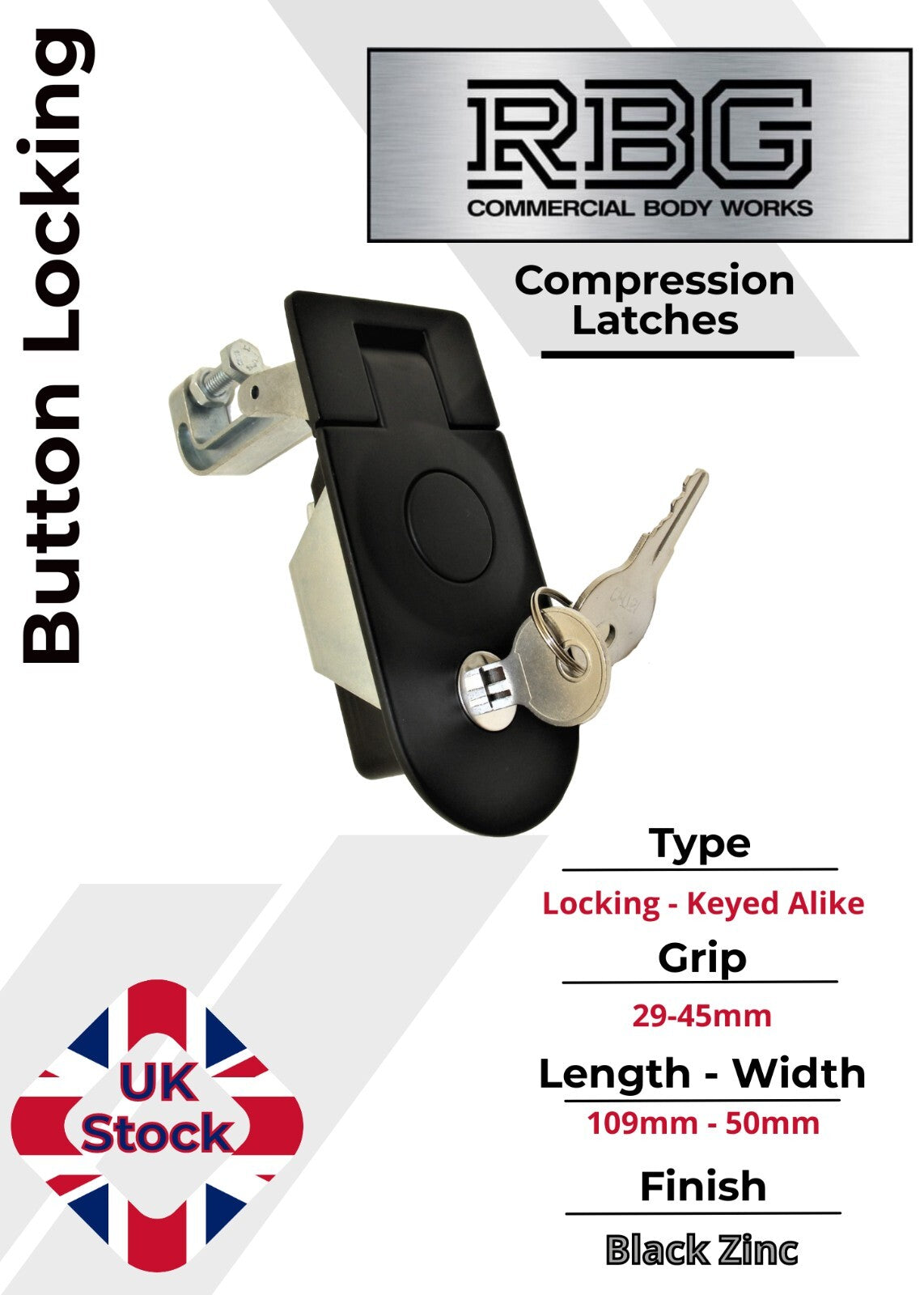 Compression Latch Trigger Button Lock with 1-14mm or 29-45mm Grip Black