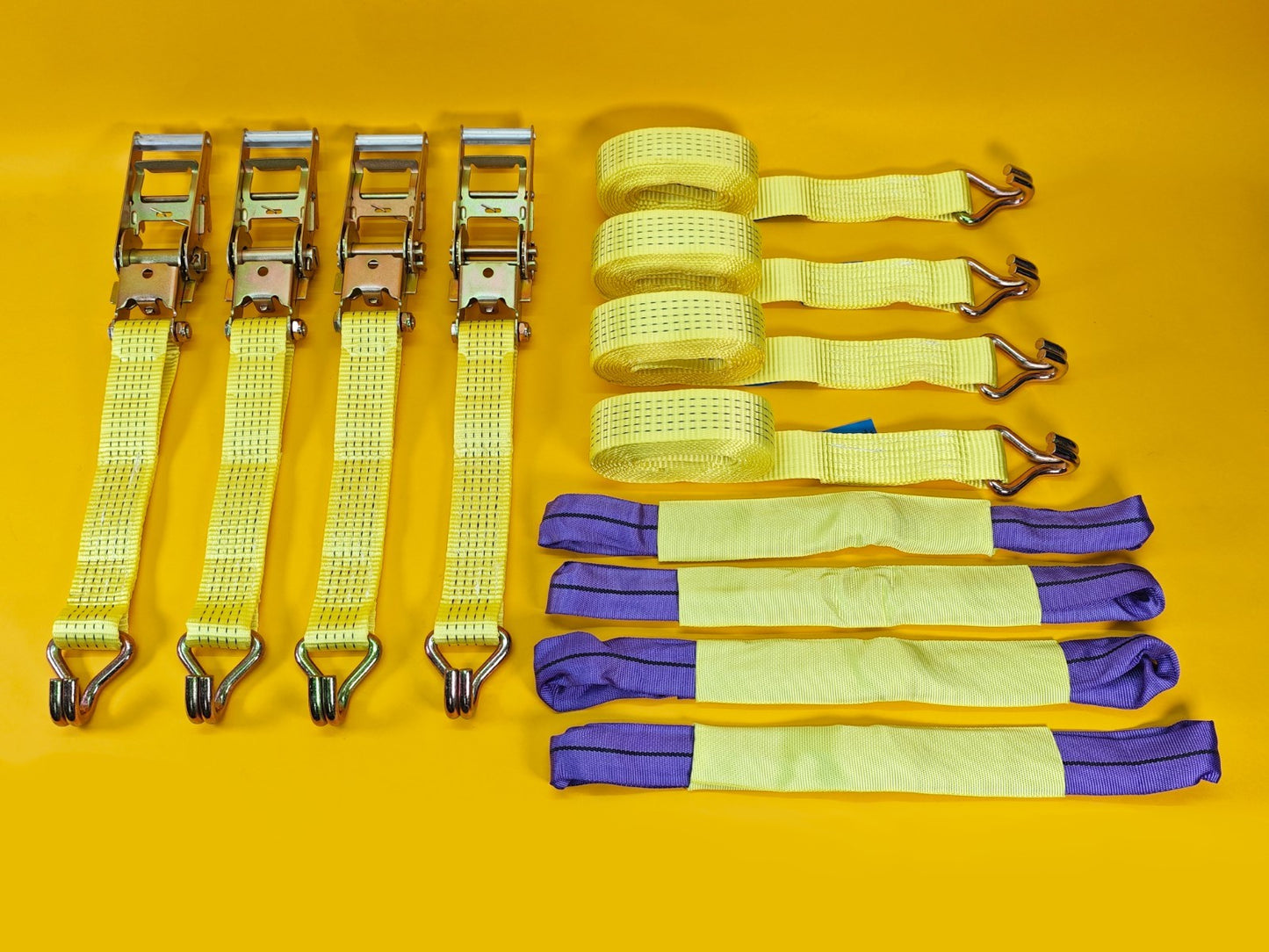 Recovery Ratchet Strap SET 4Pcs 5ton High-Visibility Yellow Tie Down Alloy Wheel
