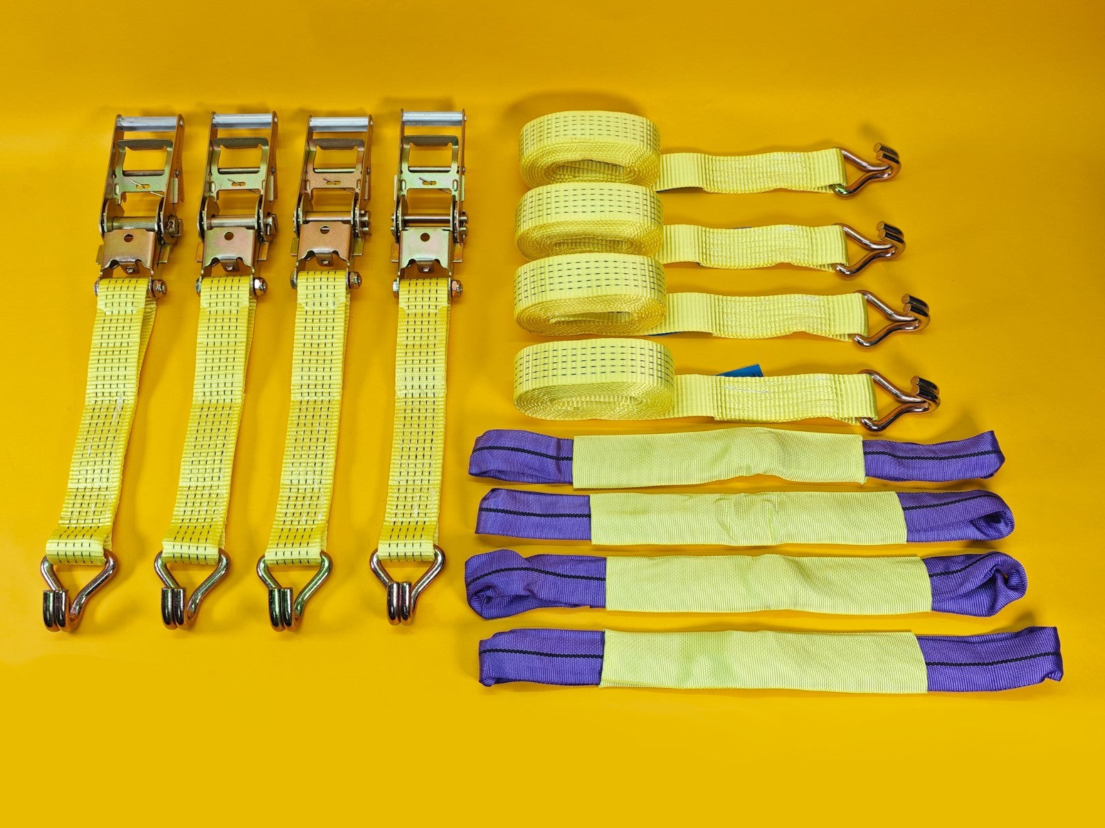 Recovery Ratchet Strap SET 4Pcs 5ton High-Visibility Yellow Tie Down Alloy Wheel