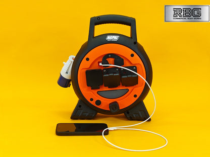 15m Roller Mobile Mains Power Unit 3 Way with LED Light Twin USB RCD Protected