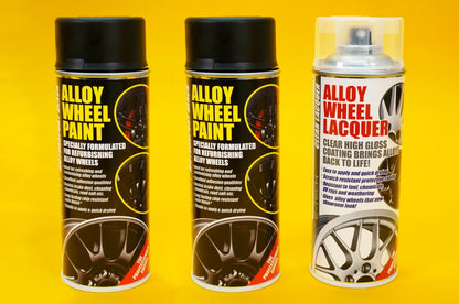 2x Alloy Wheel Paint MOTORSPORT BLACK + 1x Clear Lacquer Spray Refurbishment Kit