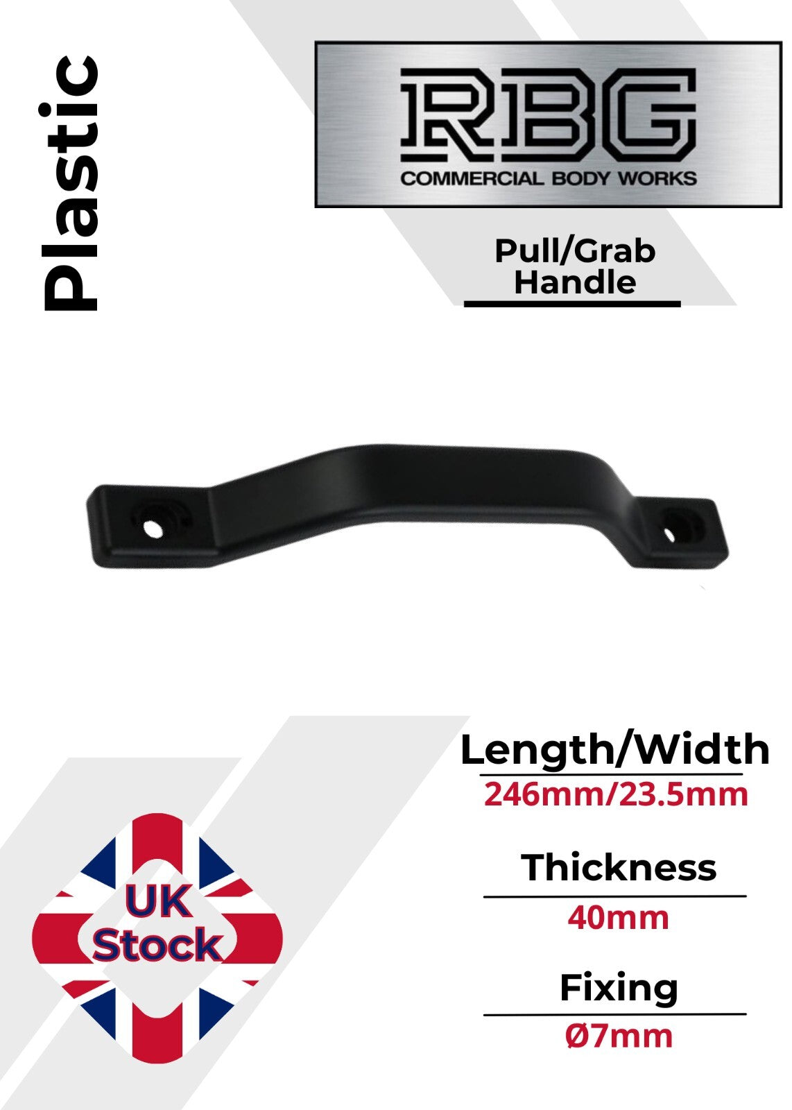 Grab Pull Handle Plastic 246mm Black Trucks, Trailers, Buses, Vans, Horseboxes