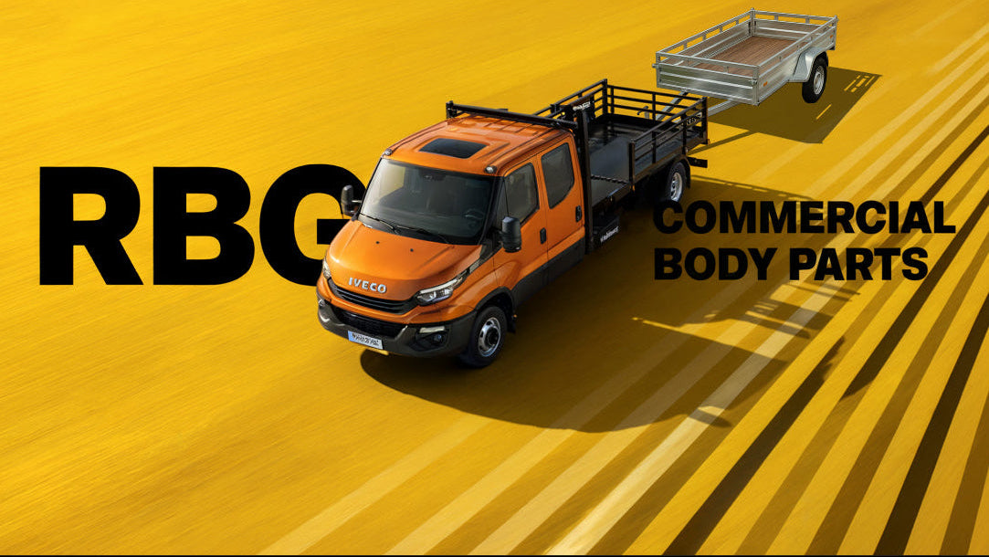 Orange truck with trailer on a yellow background, featuring 'RBC Commercial Body Parts' text.